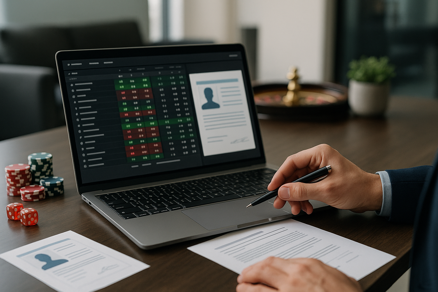 Laptop con grafici di quote e documenti di verifica per betting online in un contesto professionale