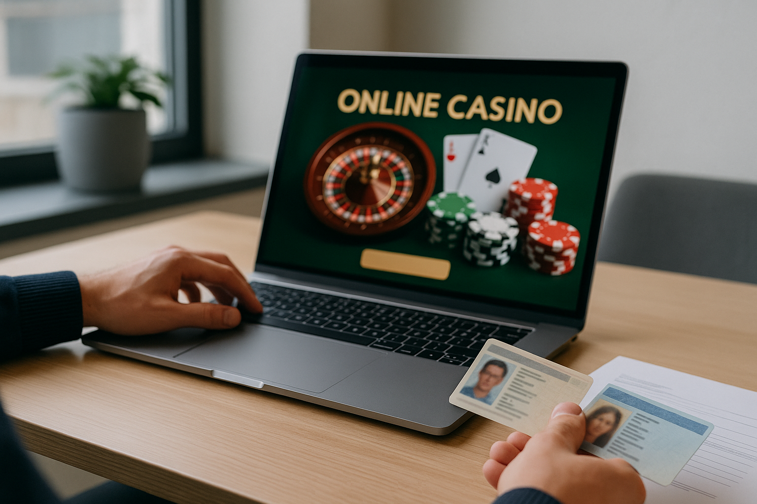Laptop e documenti per la verifica dell’identità durante la registrazione a un casinò online