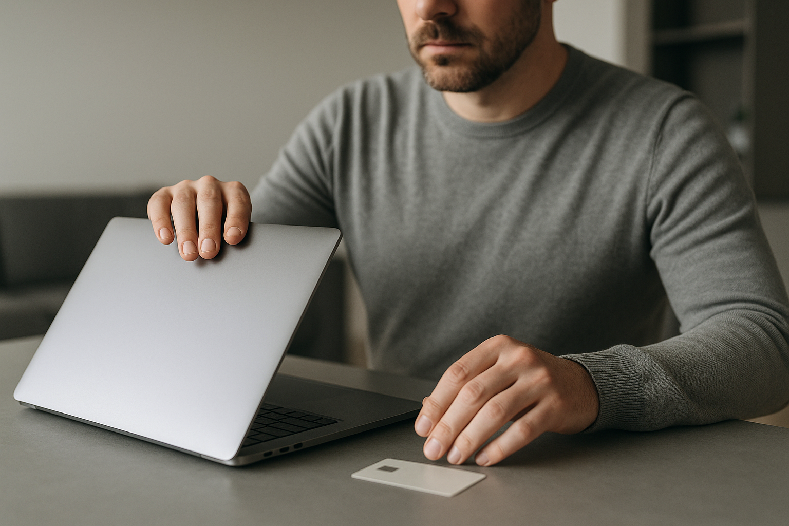 Persona che chiude il laptop e mette da parte una carta di pagamento, simbolo di autoesclusione dal gioco