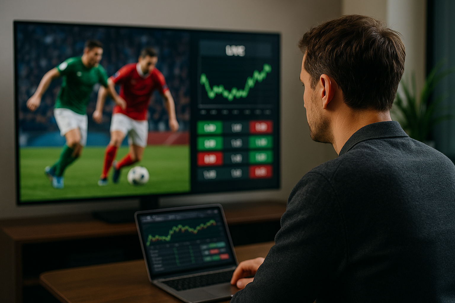 Scommettitore che monitora quote live e dati durante una partita in tempo reale