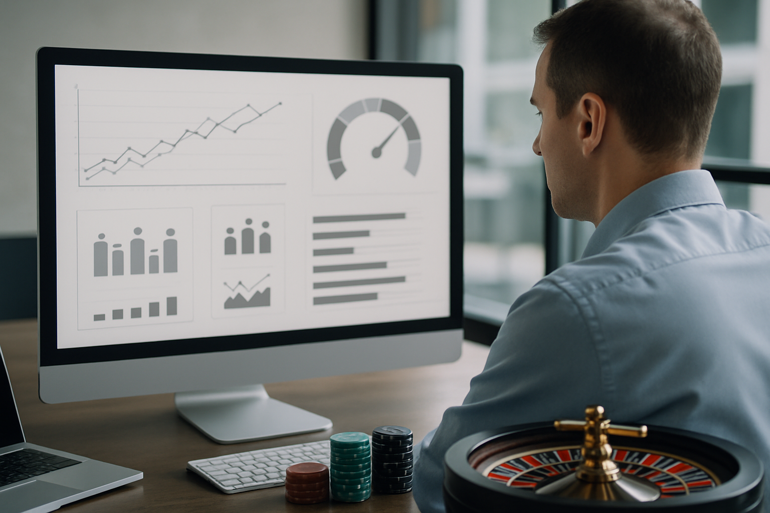 Dashboard con grafici e indicatori che rappresentano il monitoraggio del rischio nel gioco responsabile